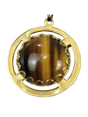 Tigers Eye Pendant Necklace Gold Tone Chain Women Jewelry Stone Cabochon Vintage